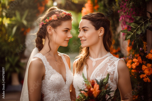 Lesbian couple wedding portrait. Generative AI