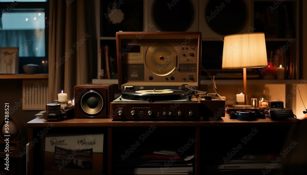Fototapeta premium Antique turntable, modern stereo timeless musical elegance generated by AI