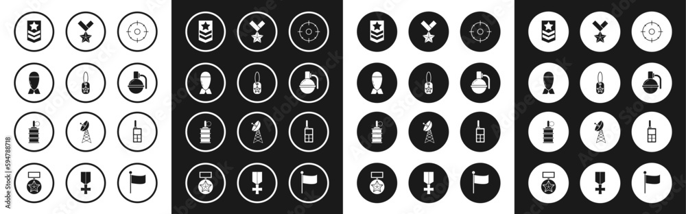 Set Target sport for shooting competition, Military dog tag, Aviation bomb, Chevron, Hand grenade, reward medal, Walkie talkie and icon. Vector Set Target sport for shooting competition, Military dog tag, Aviation bomb, Chevron, Hand grenade, reward medal, Walkie talkie and icon. Vector
