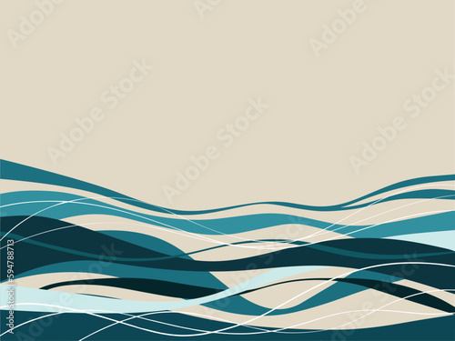 Abstract waves in teal color on sand colored background, vector