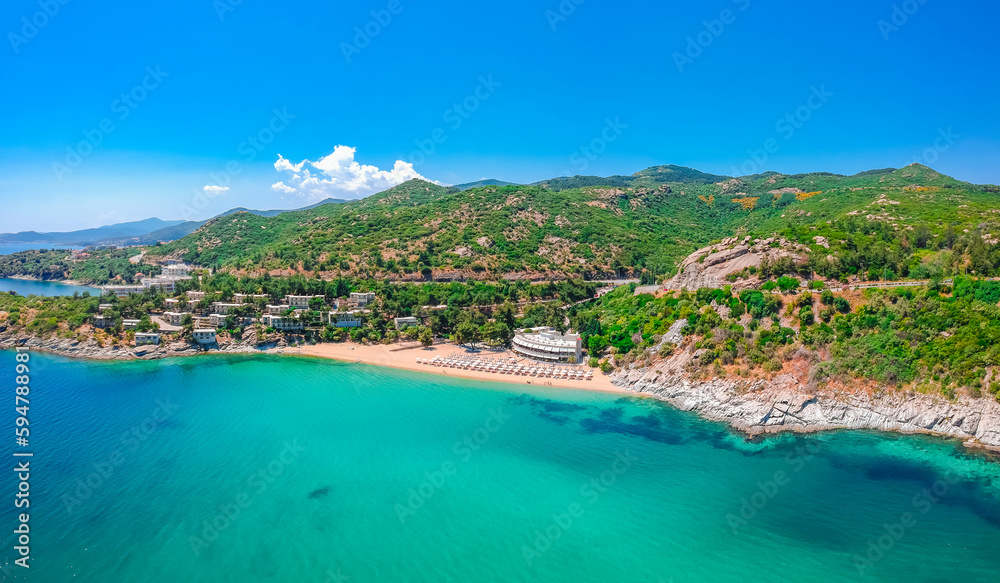 Aerial view of Tosca beach and blue water near Kavala, Greece, Europe