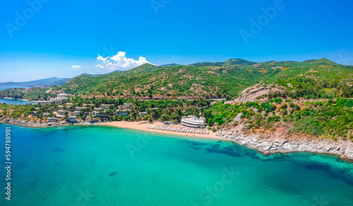 Aerial view of Tosca beach and blue water near Kavala, Greece, Europe