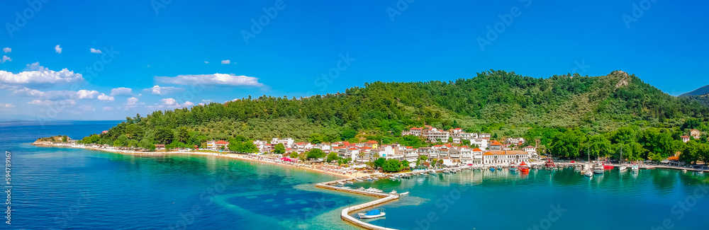 Aerial view beach and bay in Limenas, Thassos island, Greece, Europe