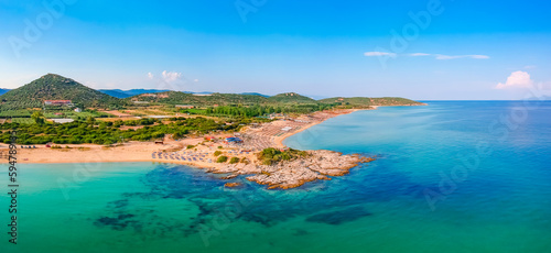 Aerial view of nice Ammolofoi sand beach near Kavala, Greece, Europe