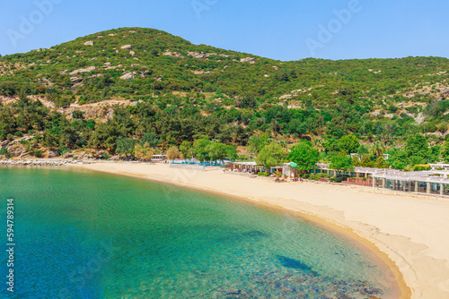 Aerial view of sand beach and blue water near Kavala, Greece, Europe