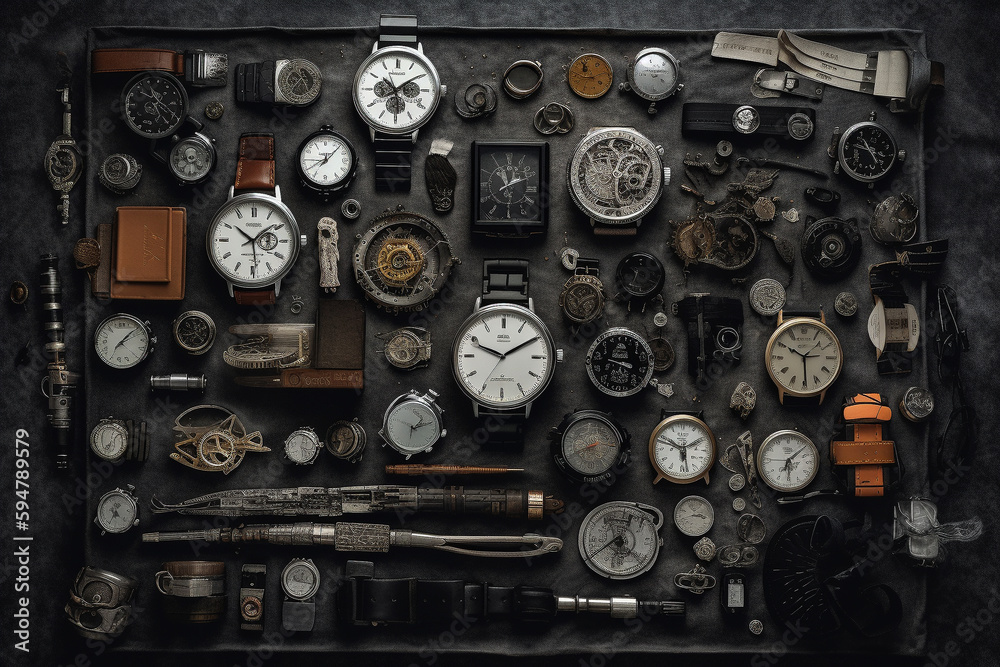 Collection of clocks and watches. Overhead view of flat lay assortment. generative AI Collection of clocks and watches. Overhead view of flat lay assortment. generative AI