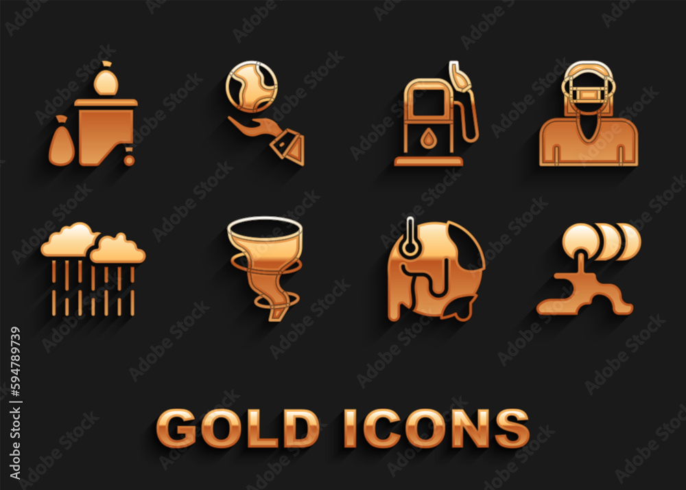 Set Tornado, Face in protective mask, Barrel oil leak, Global warming, Cloud with rain, Petrol gas station, Full dustbin and Hands holding Earth globe icon. Vector Set Tornado, Face in protective mask, Barrel oil leak, Global warming, Cloud with rain, Petrol gas station, Full dustbin and Hands holding Earth globe icon. Vector
