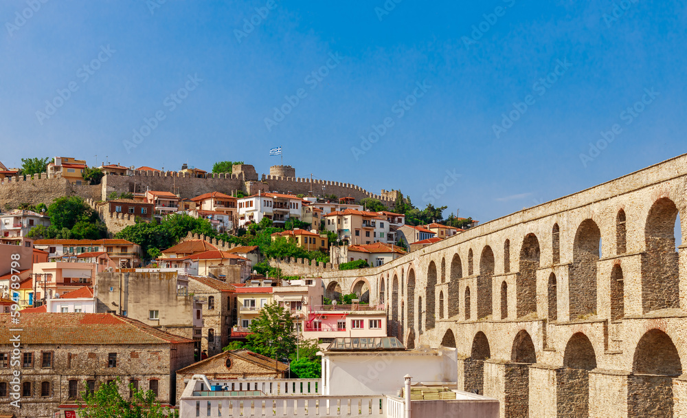 Old town, castle and aqueduct in Kavala, Greece, Europe in summer