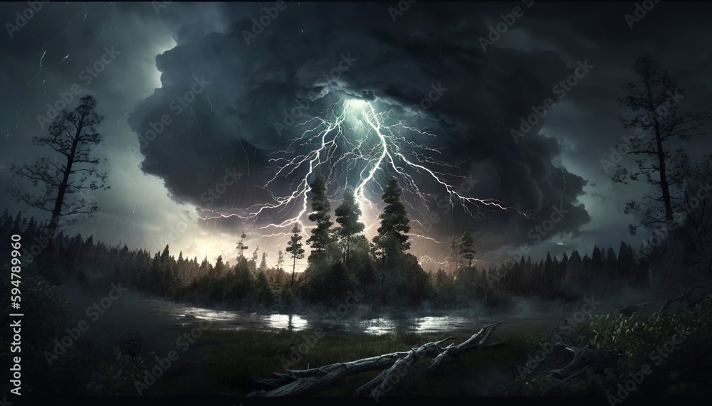 Mystical thunderstorm with huge lightning and dark clouds. Generative AI