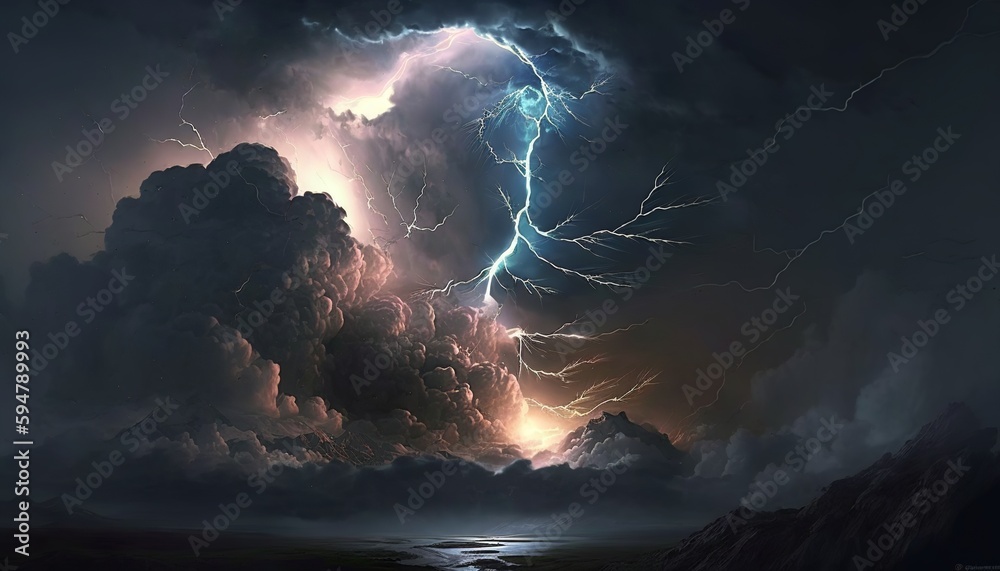 Mystical thunderstorm with huge lightning and dark clouds. Generative AI