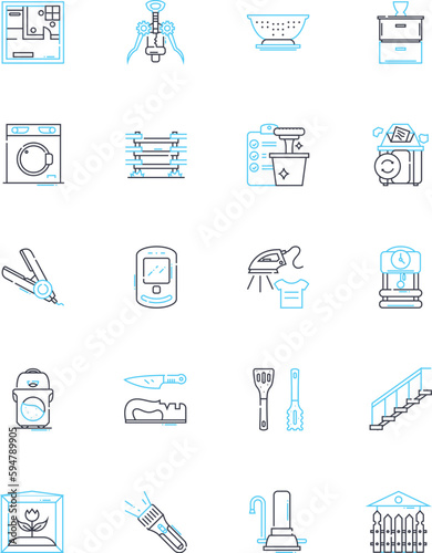 Home ornamentation linear icons set. Decor, Accents, Style, Art, Mementos, Figurines, Sculptures line vector and concept signs. Knickknacks,Antiques,Pottery outline illustrations