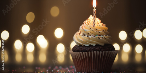 A delicious cupcake adorned with a single candle sits in the foreground, while colorful bokeh lights create a festive background for this birthday celebration. . Generative AI