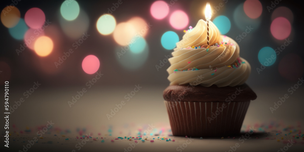 A colorful birthday cupcake with a single lit candle sits on a plate amidst a backdrop of twinkling bokeh lights, creating a festive and celebratory atmosphere. . Generative AI