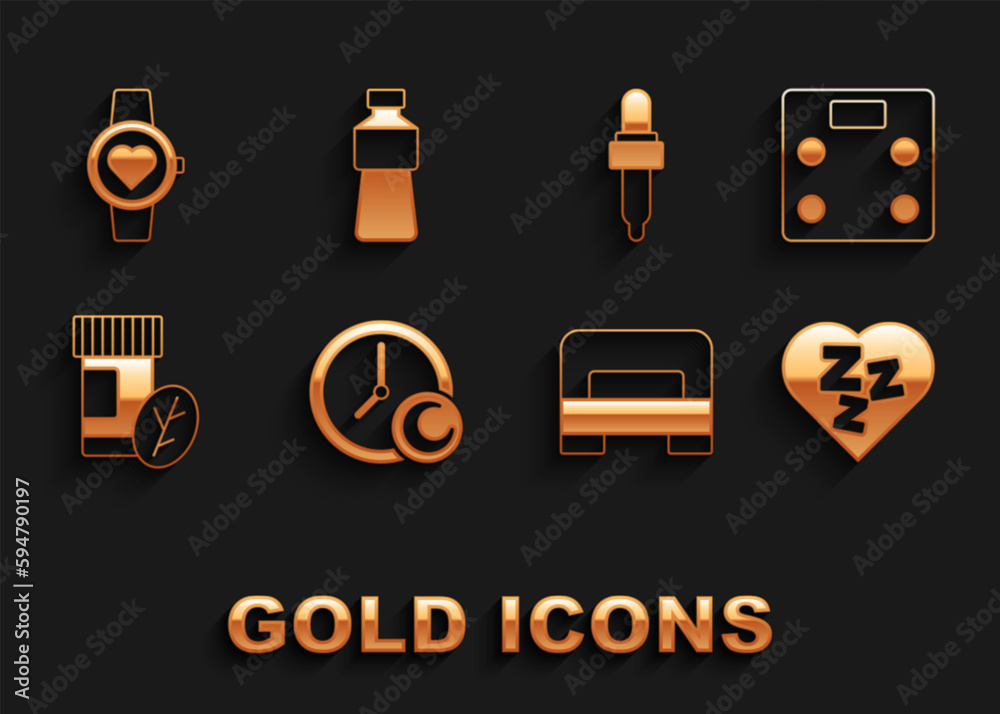 Set Time to sleep, Bathroom scales, Sleepy, Big bed, Vitamin pill, Pipette with oil, Smart watch and Bottle of water icon. Vector Set Time to sleep, Bathroom scales, Sleepy, Big bed, Vitamin pill, Pipette with oil, Smart watch and Bottle of water icon. Vector