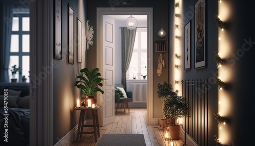 Scandinavian interior style hallway with front door and strings of light. Generative AI