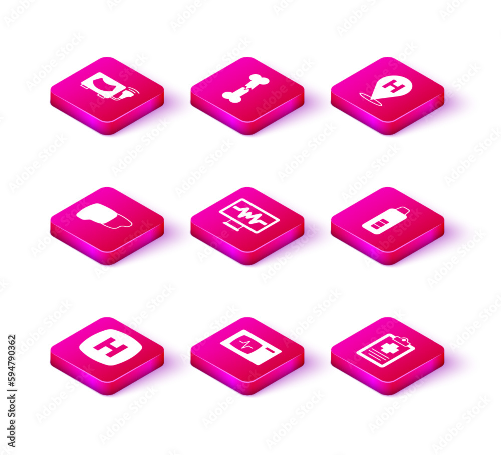 Set Hospital signboard, Monitor with cardiogram, Human organ liver, Patient record, Digital thermometer, Location hospital and broken bone icon. Vector Set Hospital signboard, Monitor with cardiogram, Human organ liver, Patient record, Digital thermometer, Location hospital and broken bone icon. Vector