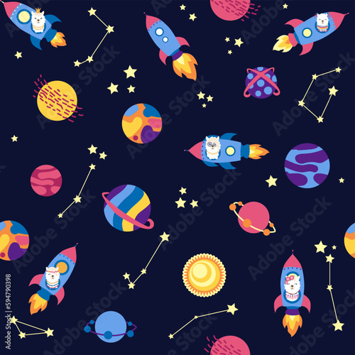 Seamless pattern with lama in a rocket, in space. Lama travels, adventures among the stars. Cute pattern with alpaca