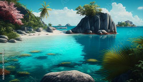 Tropical paradise island, beach with sky, coconut tree and sea, Generative AI