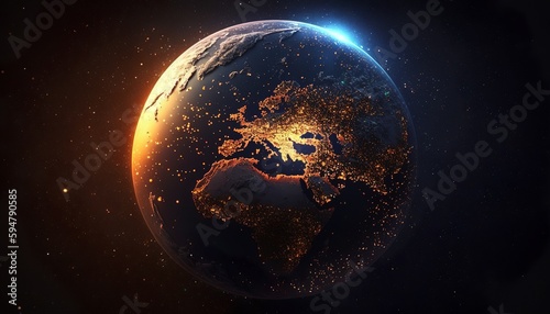 Earth globe with glowing dots of light as seen from space. Generative AI