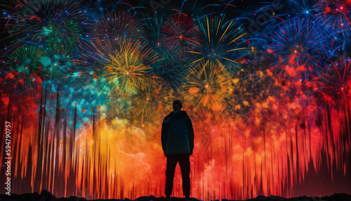 Silhouette standing in vibrant nature, fireworks illuminate night generated by AI