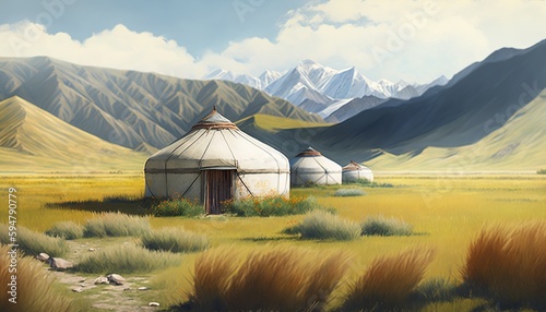Traditional mongolian yurts on a grassy filed with mountains in the background on a sunny day. Generative AI