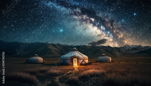 Traditional mongolian yurts on a grassy filed with mountains in the background under the Milky Way at night. Generative AI