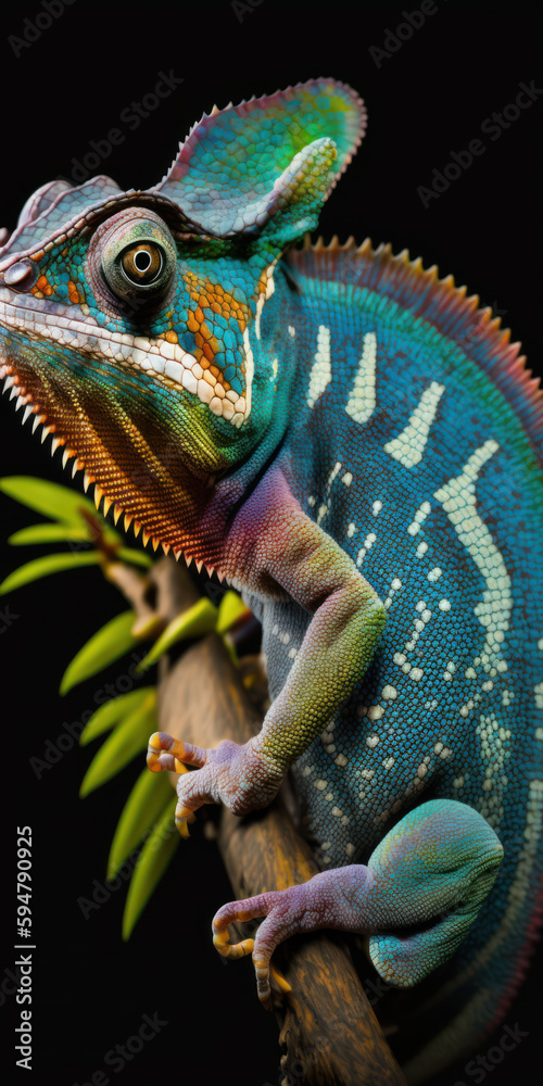 Fototapeta premium A stunning close-up of a chameleon lizard changing colors, with its vibrant hues and intricate skin patterns on full display. . Generative AI