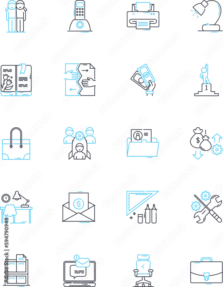 Work employment linear icons set. Occupation, Career, Labor, Employment, Profession, Job, Workforce line vector and concept signs. Recruiting,Hiring,Training outline illustrations