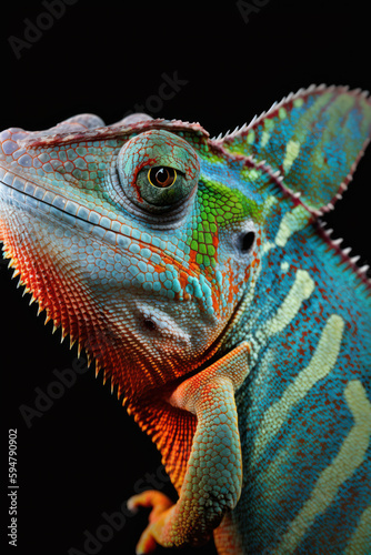 A vibrant chameleon  perched on a branch  captures attention with its dramatic display of color-changing abilities  stunningly depicted in this close-up photo. . Generative AI