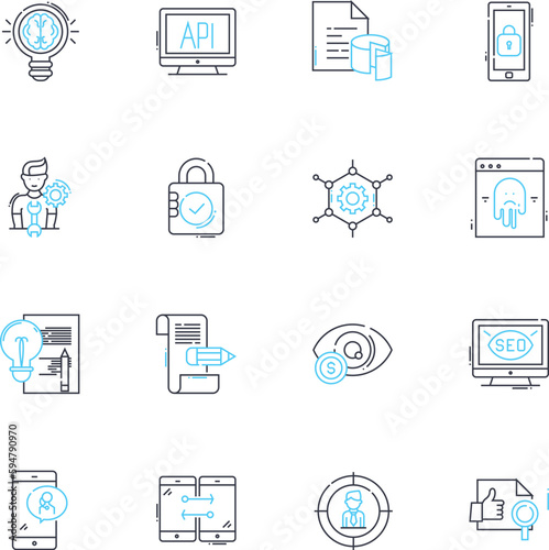 Data analysis linear icons set. Insights, Analytics, Metrics, Visualization, Querying, Interpretation, Modeling line vector and concept signs. Mining,Patterns,Forecasting outline illustrations