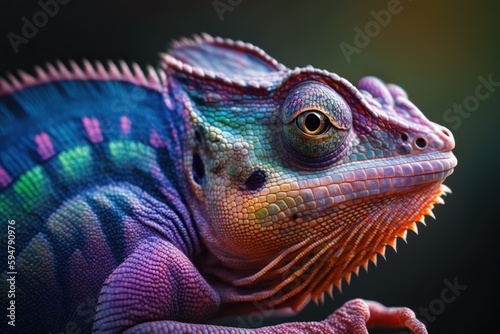 This image features a chameleon lizard up-close  showcasing its impressive color changing abilities. The lizard appears to be sporting a range of vibrant hues . Generative AI