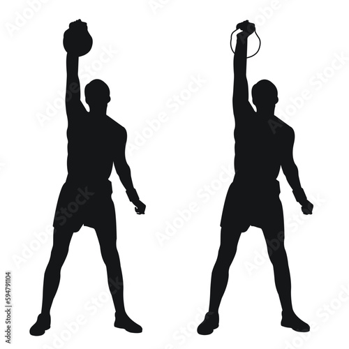 Set silhouettes athletes weight lifter lift kettlebell, weights. Weight lifting. Pull, push, bench press