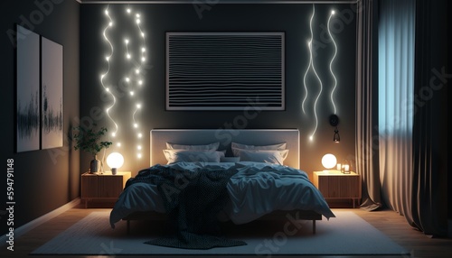 Modern minimalistic interior style bedroom at night with double bed and string of lights. Generative AI