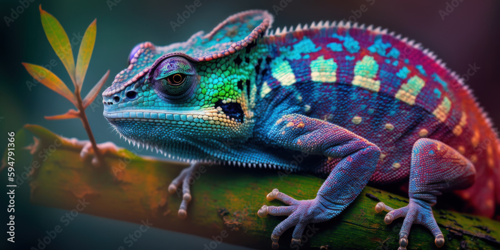 Fototapeta premium A vibrant chameleon lizard is captured in a close-up shot, showcasing its ability to change colors in a kaleidoscope of vibrant hues. . Generative AI