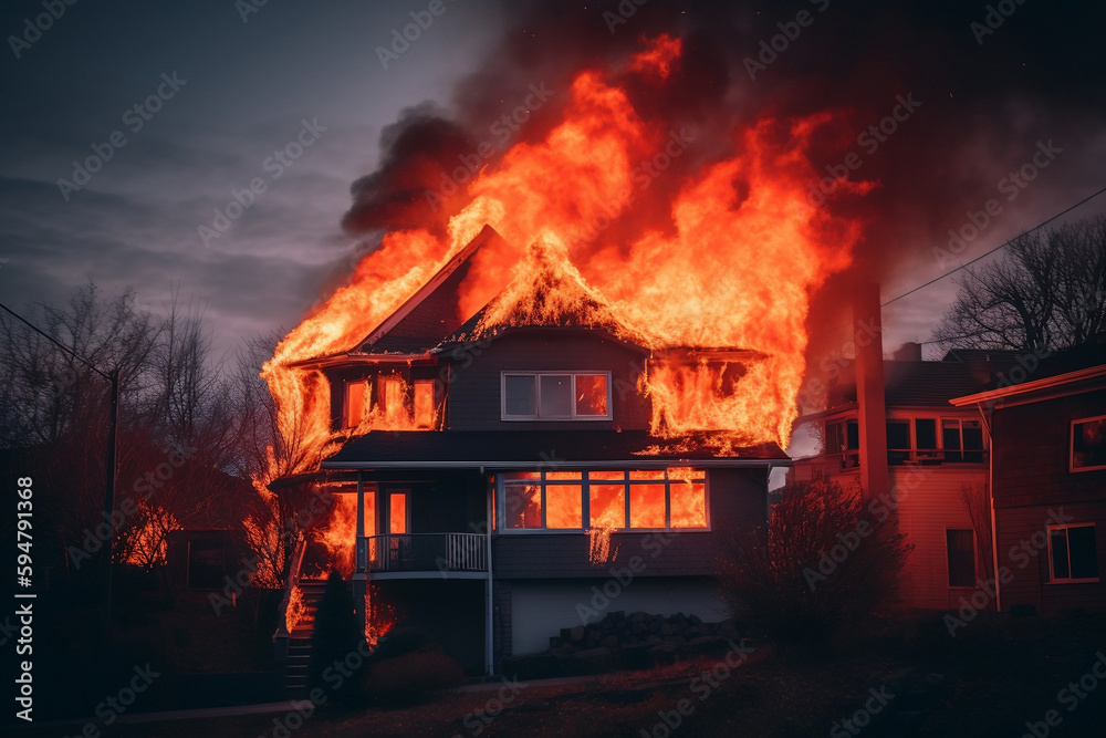 A descrutive burning house with explosive flames and heat smoke in the sky. Created using generative Ai.