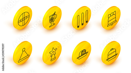 Set line Cake, Marzipan sponge cake, Christmas star, Santa Claus hat, Merry ringing bell, Three rolled sticks of cinnamon, Mulled wine with glass drink and Gift box icon. Vector