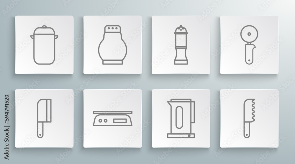 Set line Meat chopper, Salt and pepper, Electronic scales, Kettle with handle, Bread knife, Pepper, Pizza and Cooking pot icon. Vector Set line Meat chopper, Salt and pepper, Electronic scales, Kettle with handle, Bread knife, Pepper, Pizza and Cooking pot icon. Vector