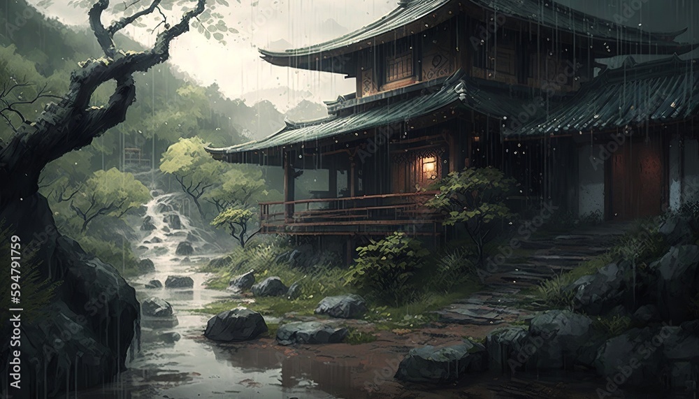 Beautiful japanese landscape with mountains and castle in the rain. Generative AI