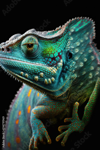 A stunning close-up of a chameleon lizard showcasing its incredible color-changing ability, with an array of vibrant and eye-catching hues on display. . Generative AI © INORTON