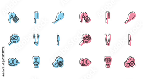 Set line Salami sausage, Sauce bottle, Fresh frozen fish steak, meat, Meat tongs, Knife, Steak in frying pan and chopper icon. Vector