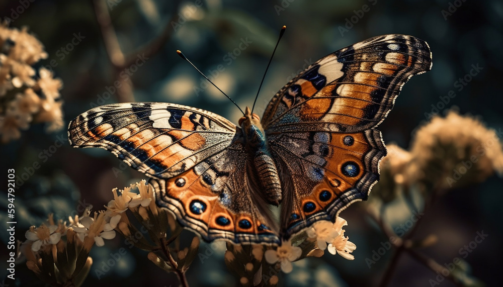 Obraz premium Multi colored butterfly wing exemplifies natural beauty generated by AI