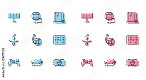 Set line Gamepad, Electric car, Solar energy panel, Video graphic card, Social network, Pills in blister pack, UAV Drone and icon. Vector