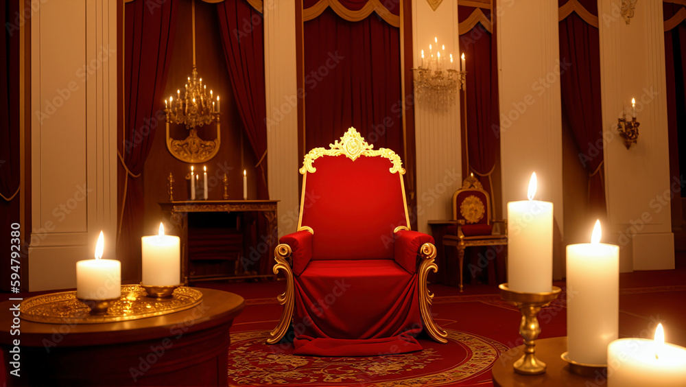 empty royal throne with red material in castle room with burning candles, generative AI