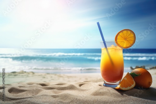 Tropical summer beach background with fresh cocktail. Ai generative.