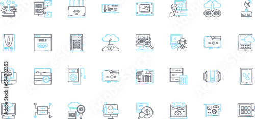 Digital equipment linear icons set. Smartph, Tablet, Laptop, Desktop, Camera, Printer, Scanner line vector and concept signs. Projector,Monitor,Keyboard outline illustrations