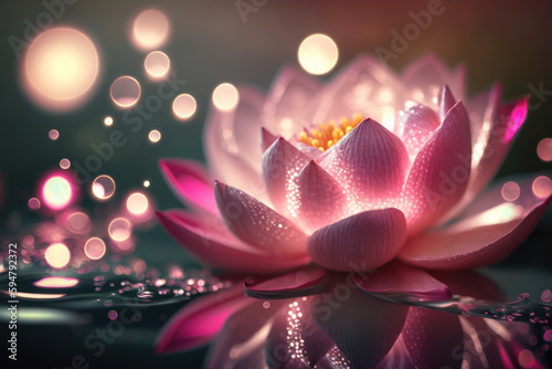 A gorgeous, magical pink lotus flower sits on the calm water, its shiny, blossom lights illuminating the surrounding environment. . Generative AI
