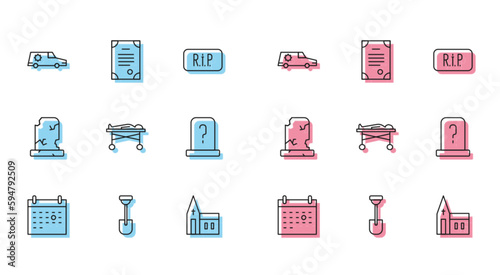 Set line Calendar death, Shovel, Hearse car, Church building, Dead body the morgue, Grave with tombstone, Old grave and Death certificate icon. Vector