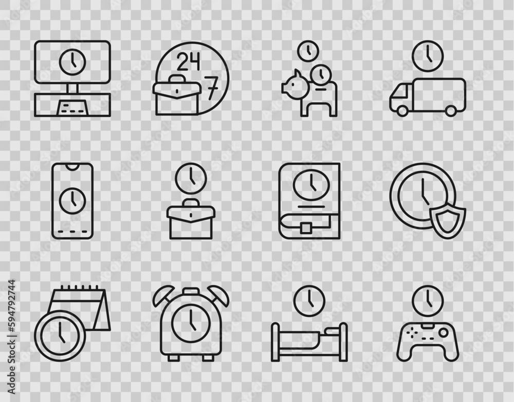 Set line Calendar and clock, Gamepad of time, Piggy bank with coin, Alarm, Smart Tv, Work, Time to sleep and Clock shield icon. Vector Set line Calendar and clock, Gamepad of time, Piggy bank with coin, Alarm, Smart Tv, Work, Time to sleep and Clock shield icon. Vector
