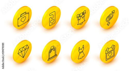 Set line Calendar with heart, Woman dress, Wedding arch, Diamond, Gender, Ringing bell, Please do not disturb and Suitcase for travel icon. Vector