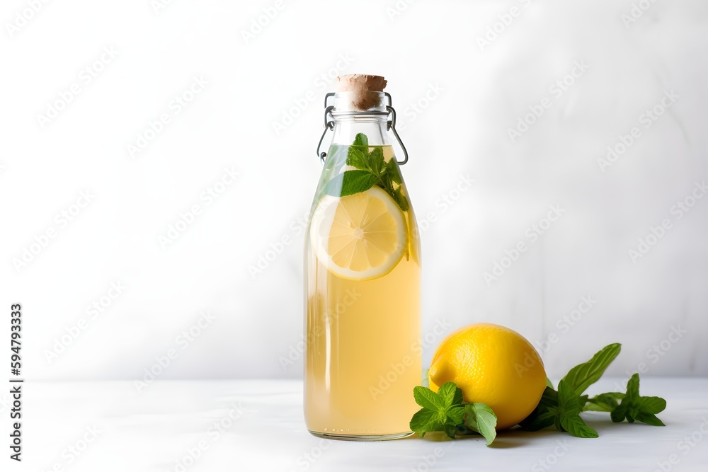 Bottle of kombucha with lemon and mint on white background with copy space. Generative AI. Bottle of kombucha with lemon and mint on white background with copy space. Generative AI.